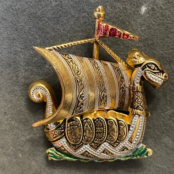 Vintage Dragon Ship Brooch Pin Damascene Style - Picture 1 of 4